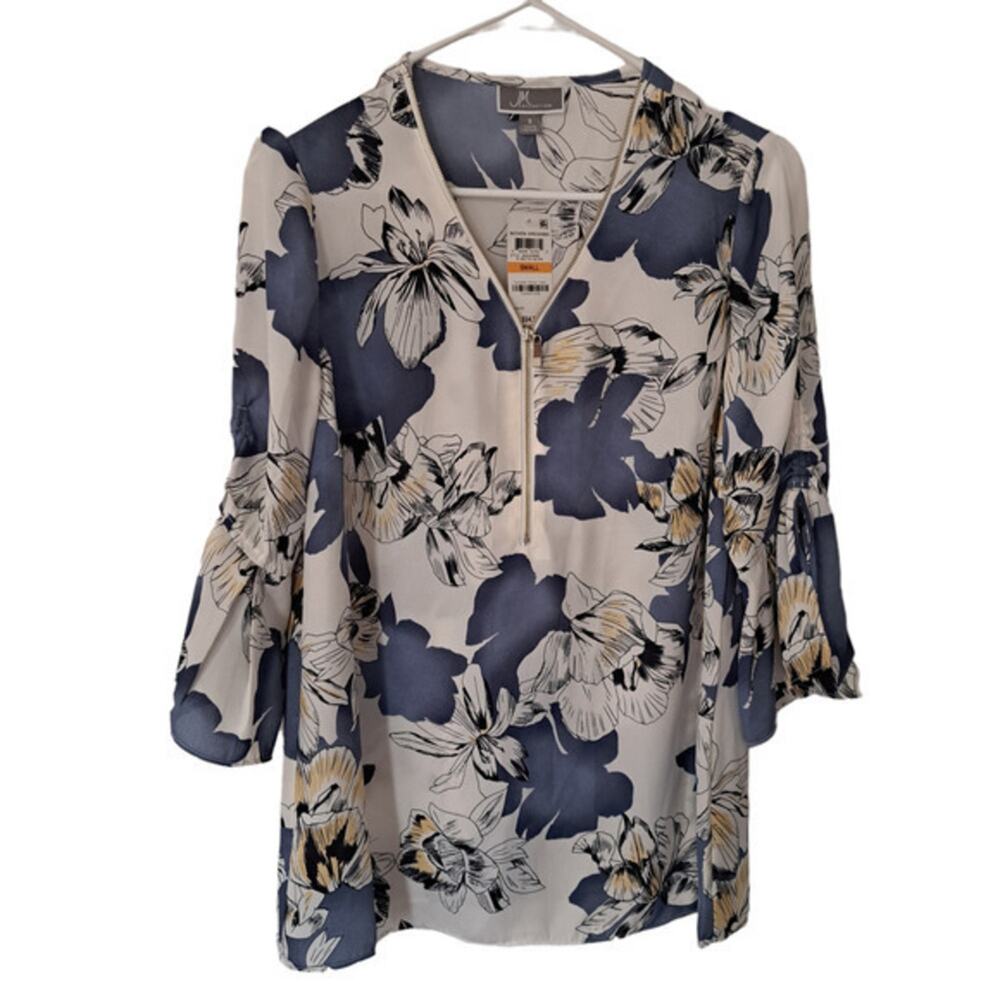 JM Collection Tunic Half Zip 3/4 Puff Sleeve Stretch Blouse White Floral Sz‎ S